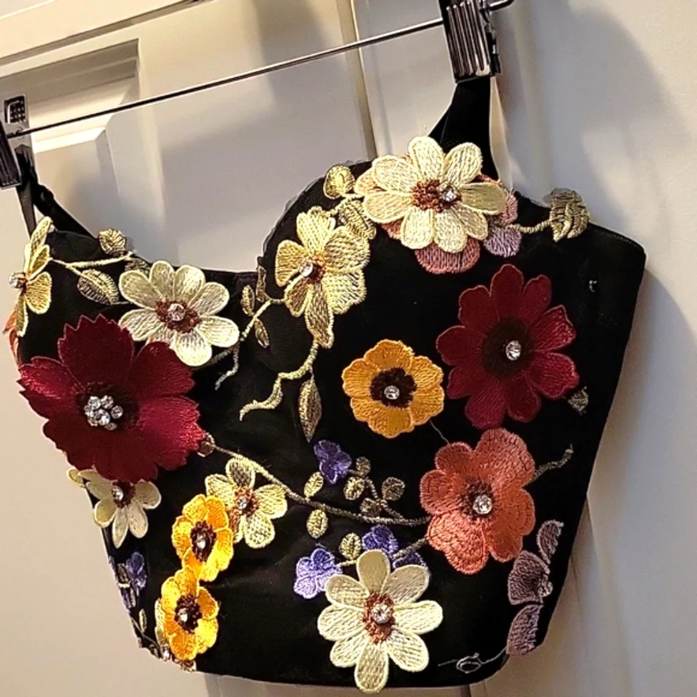 Anthropologie Black Floral Embroidered Bustier Crop Top